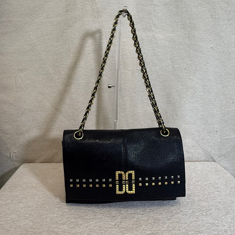 DAKS London Black Pebbled Leather Studded DD Flap Shoulder Bag